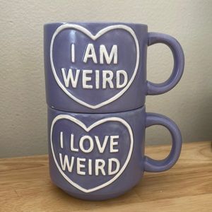 Valentine's Day Conversation Hearts Mug Set I Love Weird I am Weird Purple